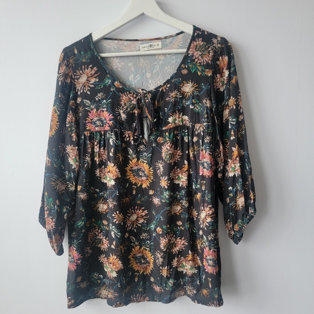 Natural Life women's Maribel Peasant Floral Tassel Tie Top size M Balloon Sleeve